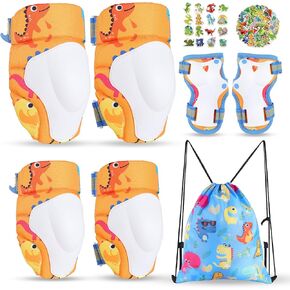 Boys Knee Pads Kids Dinosaur Knee Elbow Pads Wrist Guards with Drawstring Bag Adjustable Protective Gear Set for Boys Roller Skating Bike Scooter Dino Stickers