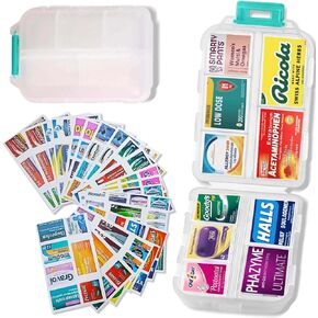 DIY Pill Organizer with 147 Labels - Small Medicine Case Mini Pocket Pharmacy Portable Medication Box 7 Day Travel Essentials Weekly Medical Splitter (White)