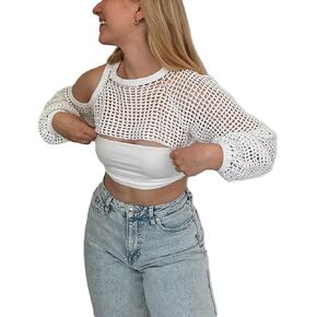 CAMNOW Womens Crochet Crop Tops Y2k Knit Shrug Sweater Hollow Out Long Sleeve Bikini See Through Cover Ups