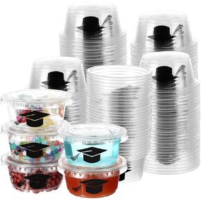 100 Sets Jelly Shot Cups with Lids Graduation Plastic Portion Cups 2 oz Disposable Shot Condiment Cups Congrats Grad Souffle Cups for Graduation Party Dipping Sauces, Snack and Picnics