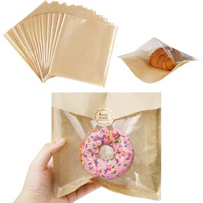 Bakery Bags Visible Dessert Bags with Window, Greaseproof Heat Seal Kraft Paper, Suitable Baked Goods Packaging for Donuts, Bakery Snacks, Sandwiches, Sandies, Cookies (S-100PCS, Brown)