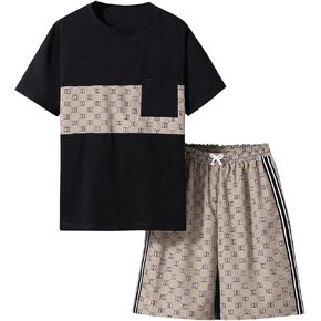 Cozyease Boys' 2 Piece Outfits Bear Print Tee and Plaid Shorts Graphic Top and Cute Shorts Sets
