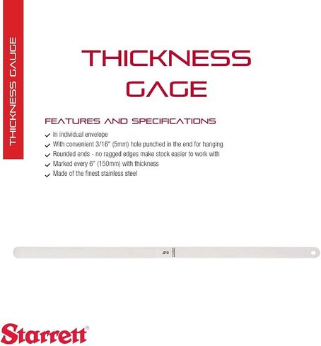 Starrett Stainless Steel Thickness Gage or Feeler Stock with Rounded Ends - Ideal for Carpenters and Home Improvement - 12" x 0.500" Size of Leaves, 0.010 Thickness - 667S-10 in Saudi Arabia