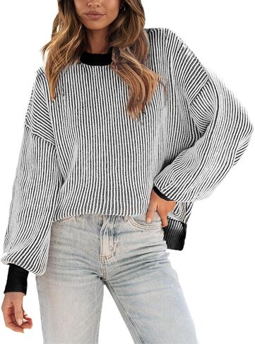 سترة Lvatr الشنيل للنساء لخريف 2023 بلوفر مخطط غير رسمي بأكمام طويلة وكتلة ملونة متماسكة in Kuwait