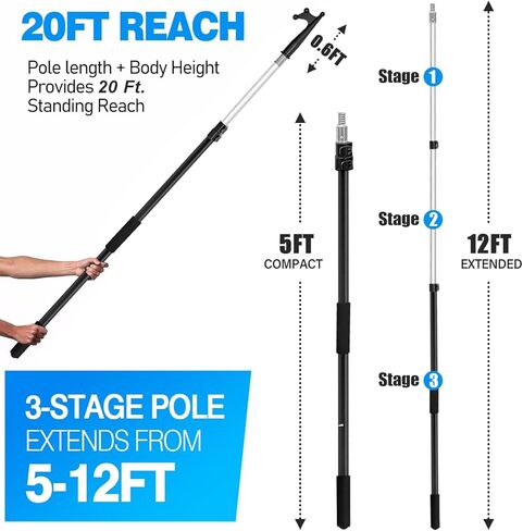 خطاف قارب تصغير 5-12 قدم | تطفو، مقاومة للخدش، تصميم قوي | عمود ألومنيوم متين وخفيف الوزن بثلاث مراحل مثالي لدفع وسحب القوارب في أي ظروف مائية in Kuwait