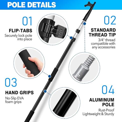 خطاف قارب تصغير 5-12 قدم | تطفو، مقاومة للخدش، تصميم قوي | عمود ألومنيوم متين وخفيف الوزن بثلاث مراحل مثالي لدفع وسحب القوارب في أي ظروف مائية in Kuwait
