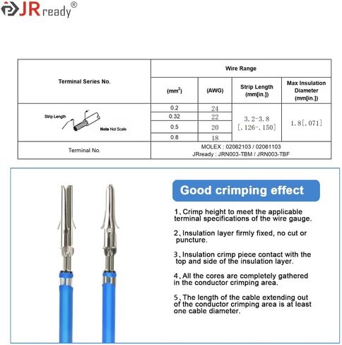 محطات تجعيد JRready ST6405 بقطر 3.68 مم، دبوس ومآخذ 18-22AWG، متوافقة مع محطات تجعيد الذكور والإناث القياسية 062 بوصة (50 زوجًا) in Kuwait