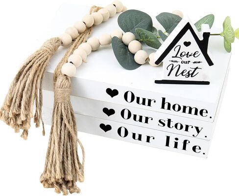 Wood Decorative Books for Home Decor,5pcs Rustic Farmhouse Book Stack Wood Faux Books for Living Room Book Shelf Decor Decorative Books Display with Wood Bead Tassels and Leaves for Home Decor in Saudi Arabia