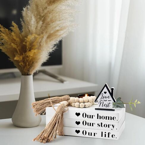 Wood Decorative Books for Home Decor,5pcs Rustic Farmhouse Book Stack Wood Faux Books for Living Room Book Shelf Decor Decorative Books Display with Wood Bead Tassels and Leaves for Home Decor in Saudi Arabia