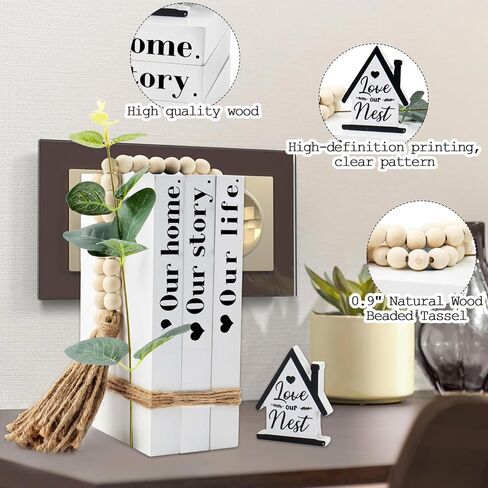 Wood Decorative Books for Home Decor,5pcs Rustic Farmhouse Book Stack Wood Faux Books for Living Room Book Shelf Decor Decorative Books Display with Wood Bead Tassels and Leaves for Home Decor in Saudi Arabia