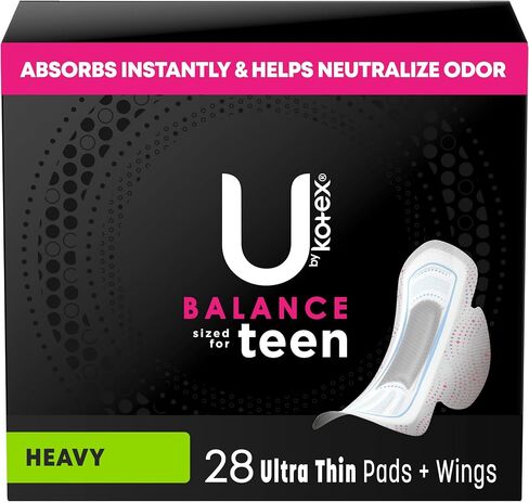 U by Kotex Balance Sized for Teens Ultra Thin Pads with Wings, Heavy Absorbency, 28 Count (Packaging May Vary) in Saudi Arabia