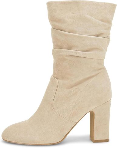 Coutgo Women's Mid Calf Slouchy Boots Suede High Heel Zip Stacked Chunky Block Round Toe Booties in Kuwait