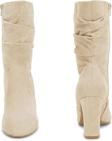 Coutgo Women's Mid Calf Slouchy Boots Suede High Heel Zip Stacked Chunky Block Round Toe Booties in Kuwait
