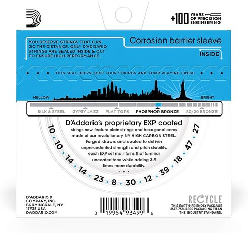 D’Addario EXP16 Coated Phosphor Bronze Acoustic Guitar Strings, Light, 12-53 – Offers a Warm, Bright and Well-Balanced Acoustic Tone and 4x Longer Life - With NY Steel for Strength and Pitch Stability in Saudi Arabia