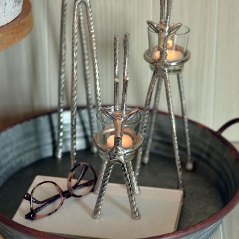 Rustic Reindeer Votive Candle Holders, Set of 3, Handmade, Forged Black Aluminum, Glass Cups, 10.25, 14.25, and 20 Inches in Saudi Arabia