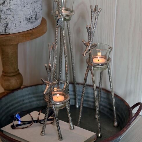 Rustic Reindeer Votive Candle Holders, Set of 3, Handmade, Forged Black Aluminum, Glass Cups, 10.25, 14.25, and 20 Inches in Saudi Arabia