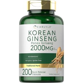 Carlyle Korean Ginseng Extract Capsules 2000 mg | 200 Capsules | Non-GMO and Gluten Free Formula | Standardized Panax Ginseng Supplement