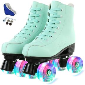 Roller Skates for Women High-top PU Leather Roller Skates Shiny 4 Wheels Roller Skates Green Roller Skates for Adult