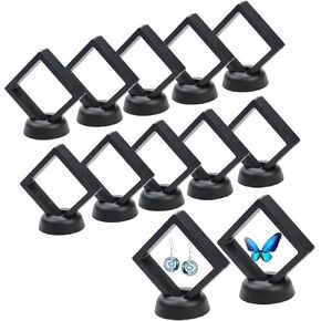 12Pcs 3D Floating Display Case, Clear Film Jewelry Storage Box, 3D Floating Coin Display Case Frame Stand for Challenge Coin Fossils Rocks, 2.7 x 2.7 x 0.8 Inches(Black)