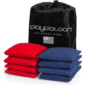 أكياس Play Platoon Cornhole مقاومة للطقس - مجموعة من 8 أكياس فول تنظيمية للرمي - أكياس حبوب الذرة ذات الحجم الاحترافي والوزن بلونين لجميع الأحوال الجوية مع حقيبة حمل