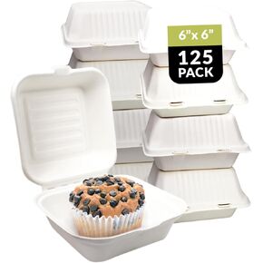 Klex Eco-Friendly Clamshell Takeout Food Containers [6-Inch, 125-Pack], Microwave Freezer Safe, Made from Bamboo & Sugarcane, 6"x6"x3", 125 Count