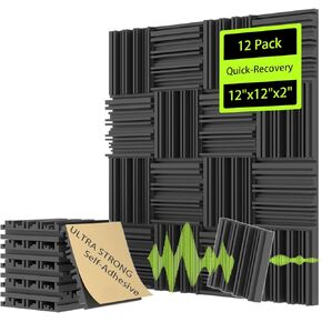 Sound Proof Foam Panels for Walls w/Self-Adhesive, Quick-Recovery Acoustic Panels Sound Absorbing, Sound Proofing Panels for Recording Studio, Home, Office (12pack, 12"x12"x2", 3D Grooves)