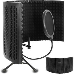 Microphone Isolation Shield with Pop Filter-Triple Sound Insulation, 5-fold Foldable Mic Isolation Shield with Tripod Stand Suitable for Blue Yeti and Any Condenser Microphone Recording Equipment