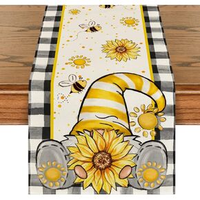 Artoid Mode Buffalo Plaid Sunflower Gnome Bee Summer Table Runner, Seasonal Spring Kitchen Dining Table Decoration for Home Party Decor 13x60 Inch