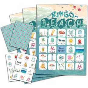 Beach Bingo Game, Party Games with 24 Players, Family Activities, Bingo Cards for Party Supplies, Party Favors Gifts for Young Adults - beach02