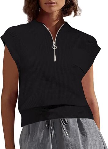 GoyRrbay Women Sleeveless Knit Zip Sweater Vest Loose Fit Mock Neck Casual Tank Top with Front Pocket in Saudi Arabia