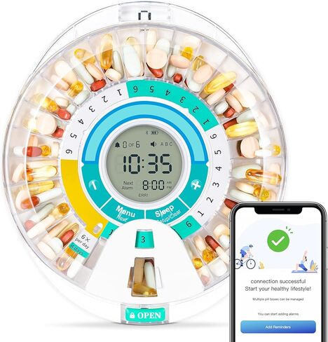 Zoksi 2023 Upgrade Bluetooth Smart Automatic Pill Dispenser, Electronic Medication Dispenser for Elderly, 28 Compartments Medicine Organizer with Sound and App Alarm in Kuwait