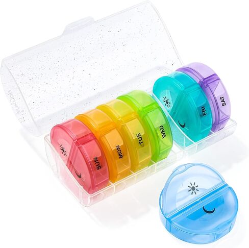Sukuos Weekly Pill Organizer 7 Day, Large Daily Medicine Pill Box 2 Times a Day Easy to Open, BPA Free AM PM Pill Case (Glitter Clear) in Kuwait