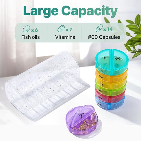 Sukuos Weekly Pill Organizer 7 Day, Large Daily Medicine Pill Box 2 Times a Day Easy to Open, BPA Free AM PM Pill Case (Glitter Clear) in Kuwait