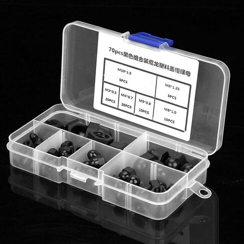 70Pcs M3/M4/M5/M6/M8/M10, Black Acorn Nuts Standard 8-32 Hardware Nuts Nylon Acorn Nut Kit Dome Head Cap Hex Nuts (Black) in Saudi Arabia