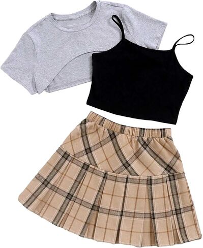Verdusa Girl's 3 Piece Outfits Crop Cami Top and Plaid Print Pleated Skirt Set with Tee Top in Kuwait
