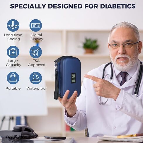 حقيبة سفر مبرد الأنسولين معتمدة من إدارة أمن المواصلات الأمريكية، مبرد أدوية مبرد لمرضى السكري للسفر مع عرض درجة الحرارة، حقيبة تنظيم الأدوية مع عبوتين من الثلج in Kuwait