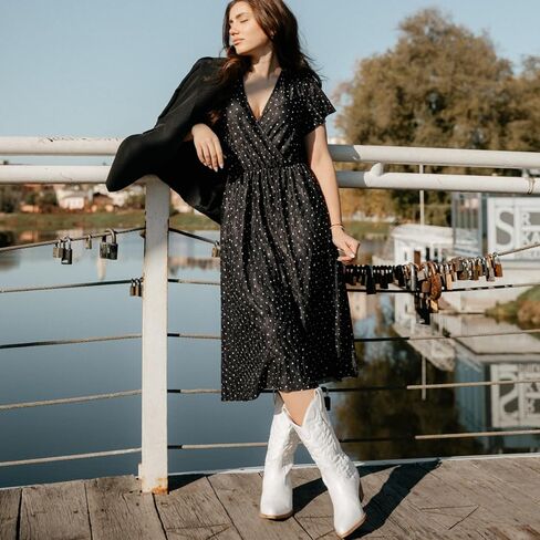 أحذية Rollda النسائية لرعاة البقر الغربي بمقدمة مدببة وأحذية راعية البقر لمنتصف الساق للسيدات أحذية عصرية مطرزة بكعب مكتنز in Kuwait