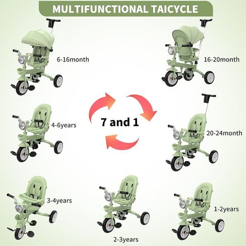 Kids Tricycle, 7 in 1 Folding Kid Stroller Tricycle with Adjustable Push Handle,Rotatable Seat, Canopy, LED Light, Toddler Stroller Bike for Girl Boy Gift Outdoor Activities for 18 Months - 6 Year Old in Saudi Arabia
