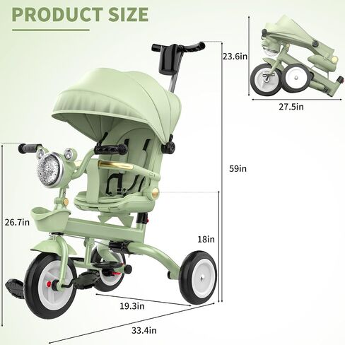 Kids Tricycle, 7 in 1 Folding Kid Stroller Tricycle with Adjustable Push Handle,Rotatable Seat, Canopy, LED Light, Toddler Stroller Bike for Girl Boy Gift Outdoor Activities for 18 Months - 6 Year Old in Saudi Arabia