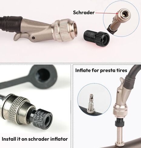 4 قطع محول صمام بريستا، محول صمام بريستا إلى شريدر، نفخ الإطار باستخدام مضخة قياسية أو ضاغط هواء، بما في ذلك 6 قطع من قلوب صمامات بريستا بدون أنابيب و8 قطع من أغطية جذع الصمام in Kuwait