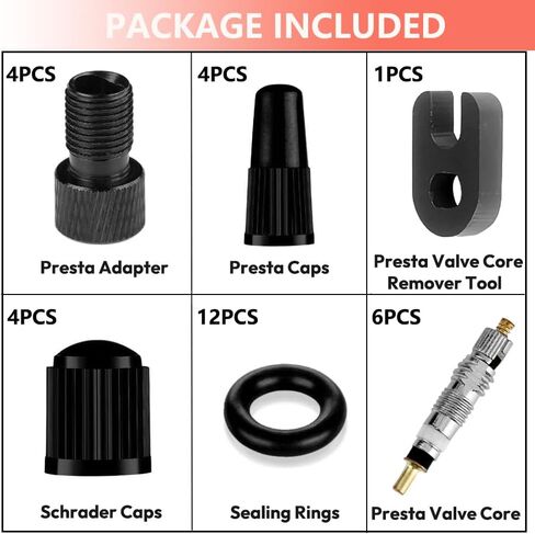 4 قطع محول صمام بريستا، محول صمام بريستا إلى شريدر، نفخ الإطار باستخدام مضخة قياسية أو ضاغط هواء، بما في ذلك 6 قطع من قلوب صمامات بريستا بدون أنابيب و8 قطع من أغطية جذع الصمام in Kuwait