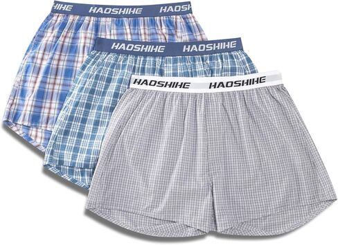 HAOSHIHE Men's woven boxer shorts 100% cotton with exposed waistband loose fit in Kuwait