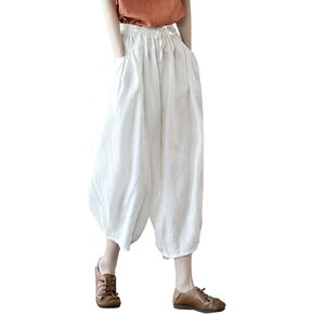 IXIMO Women's Linen Capri Pants Casual Loose Fit Wide Leg Harem Pocket Pleated Trousers
