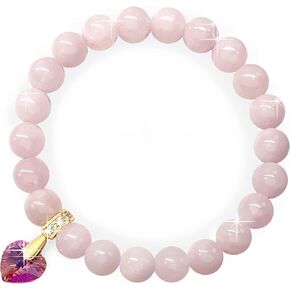 Georgiadis 8mm Rose Quartz Gemstone Bracelet with Austrian Crystal Heart Charm, Attracts Love, Birthstone, Mother's Day, Birthday, Anniversary, Wedding, Bracelet for Women, Gift Box