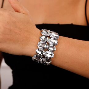 Xerling Wide Silver Stretch Bracelets Elastic Crystal Bangle Bracelets for Women Girls Stretchable Wrist Bracelets Statement Hand Jewelry