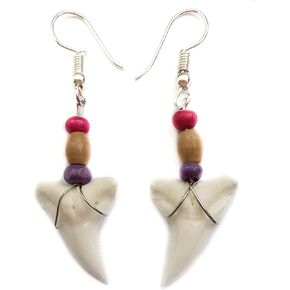 Genuine Shark Tooth Earrings for Women Men Boys Girls Surfer Dangle Drop Wooden Beads Handmade Jewelry GA353