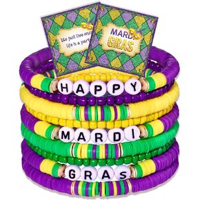 FANCIBAND 9PCS Mardi Gras Bracelets For Women Surfer Holiday Heishi Clay Bead Bracelets Party Gifts For Adults
