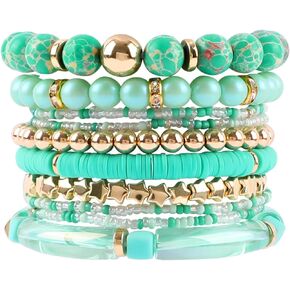 Bohemian Turquoise Beaded Bracelets for Women 10Pcs Stackable Natural Stone Stretch Bracelets Multilayered Glass Beads Bracelet Set Clay Heishi Bangle Boho Summer Beach Jewelry Gift for Girls, Green