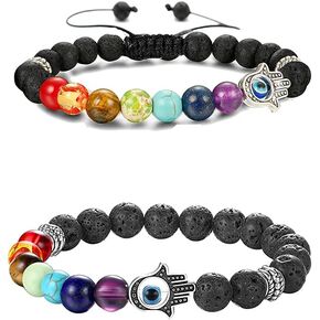 RUIZHEN 2Pcs Evil Eye Bracelets Hamsa Hand Fatima Beaded Charm Bracelets Blue Eye Stretch Amulet Protection Bracelet