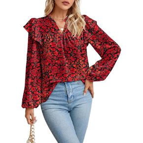 بلوزات LOLONG النسائية ذات الرقبة على شكل V مكشكشة طويلة/أكمام قصيرة أنيقة كاجوال من الزهور بوهو in Kuwait